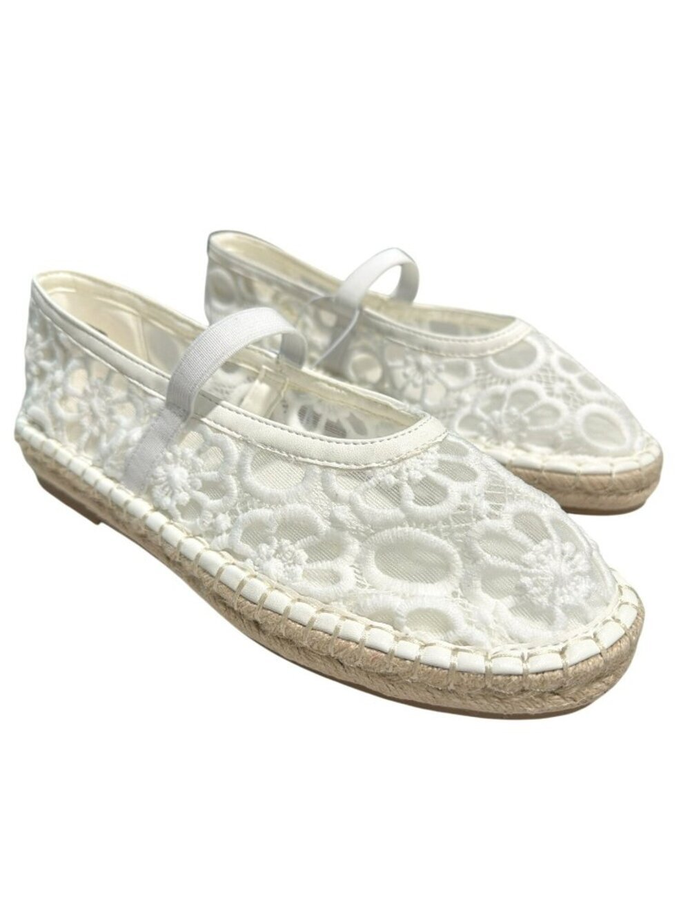 White Lace Espadrille Flats With Floral Embroidery & Elastic Strap Size 6.5